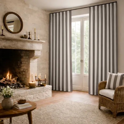 RIDEAU LARGE RAYURE ALMUDAINA BLANC ET BEIGE