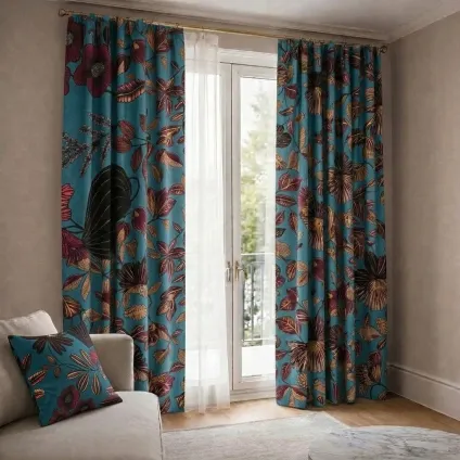 RIDEAU ORPHEE MULTICOLORE FOND EMERAUDE SUR VELOURS