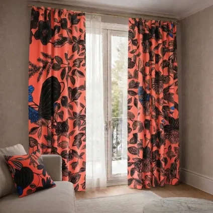 RIDEAU ORPHEE MULTICOLORE FOND ORANGE SUR VELOURS